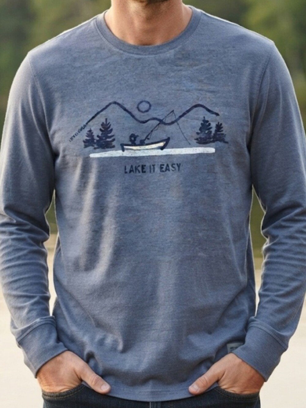 Life is Good "Lake It Easy" Fishing Long Sleeve Crusher Tee Blue Men's Large